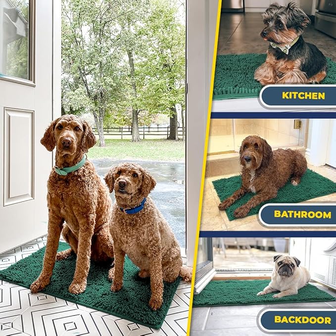 Muddy Mat® Shown on TV – Super Absorbent Microfiber Dog Door Mat for Muddy Paws, Non-Slip Washable Pet Rug, Quick Dry Chenille Entryway Carpet, Machine Washable Indoor Outdoor mat, Dark Green 30"x19"