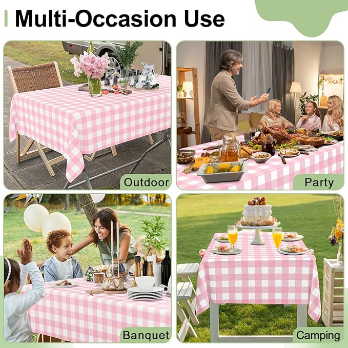 Smiry 6 Pack Pink Gingham Disposable Tablecloths - 54" x 108" Heavy Duty Plastic Table Cloth, Waterproof Buffalo Plaid Table Covers for Picnic, Banquets, Outdoor Parties