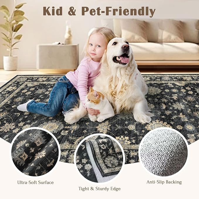 Washable Area Rug 5x8 - Traditional Floral Living Room Rug Soft Bedroom Rug Ultra-Thin Charcoal Black Vintage Farmhouse Bohemian Dining Room Rugs for Under Table Indoor Carpet for Living Room