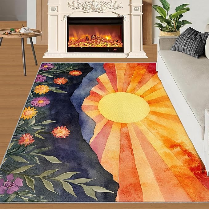 Boho Sun Area Rugs 5x7ft, Radiant Sunburst Rugs for Living Room, Geometric Solar Floor Rug Sturdy and Non-Shedding for Bedroom Hardwood Floors Teen Room