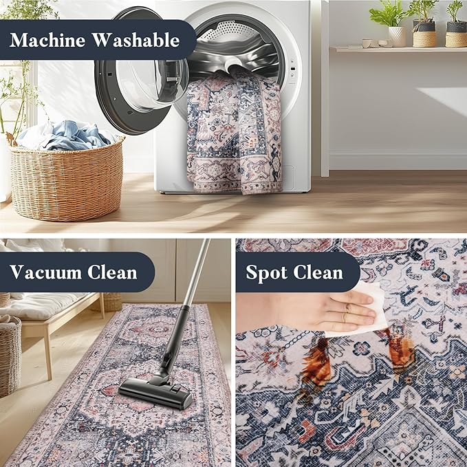 PURRUGS Vintage Farmhouse Boho Runner Rug 2'6" x 8', Non-Slip Machine Washable Rug, Accent Area Rug for Kitchen, Hallway, Entryway, Bedroom, Living Room and Dining Room, Coral Red/Marine Blue
