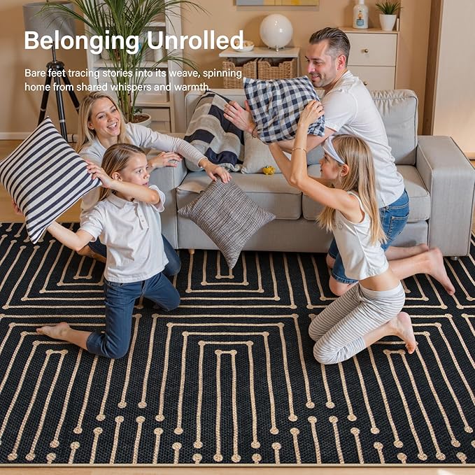 Lahome Maze Lines Easy Jute Washable Runner Rug, 2x8 Kitchen Runner Rug for Hallway, Non Slip Indoor Outdoor Rugs for Entryway Indoor, Black Low Pile Front Door Carpet for Laundry