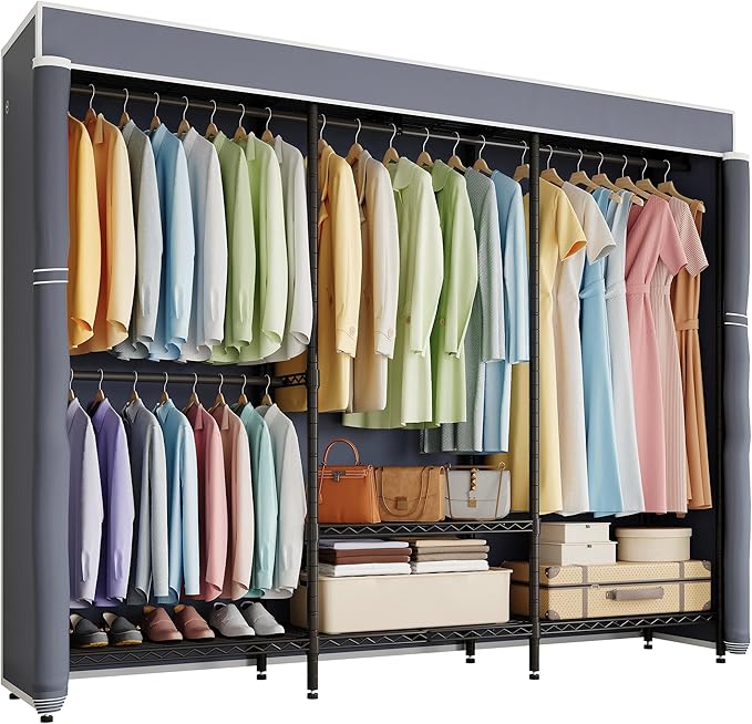 Higeego H8 Heavy Duty Clothes Rack with Cover, Covered Garment Rack with Shelves, Wardrobe Closet with Cover, Portable Closet Organizer Storage, Black Clothing Rack with Grey Cover