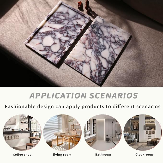 Real Luxurious Natural Marble Vanity Tray Genuine Marble Storage Tray for Home Decor Stone Tray for Bathroom/Kitchen/Vanity/Dresser Non-Resin/Non-Ceramic/Viola Tablet Set