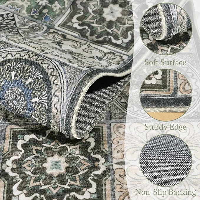 Washable Entryway Rug 3'x5 Non-Slip Backing Vintage Indoor Rug Low Pile Lighrweight Carpet for High-Traffic Indoor Entrance & Kitchen