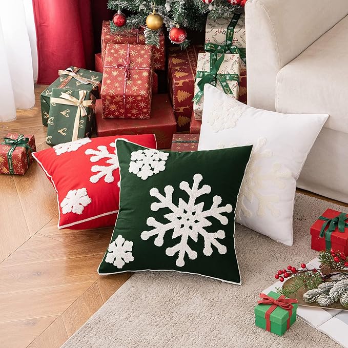 MIULEE Pack of 2 Christmas Decorative Snowflake Throw Pillow Covers Canvas Embroidery Winter Cushion Cases Holiday Decor Soft Pillowcases for Winter Couch Sofa Bedroom Car（Dark Green, 20x20in）