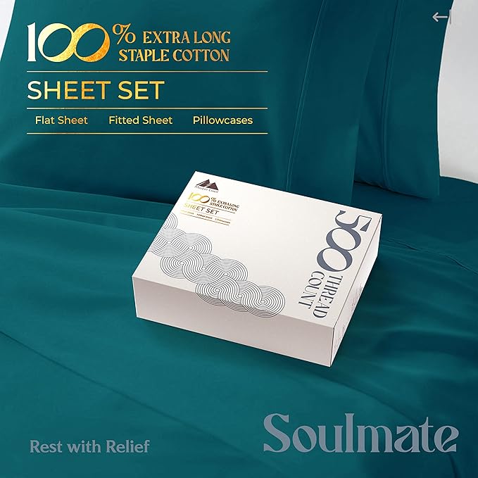 Mayfair Linen 500 Thread Count California King Cotton Sheets - 4 PC Cal King Size Bed Sheet Set Cotton (Teal), Soft, Cooling, Sateen Weave 16" Deep Pocket Bedsheet for Hot Sleepers (Fits 18" Mattress)