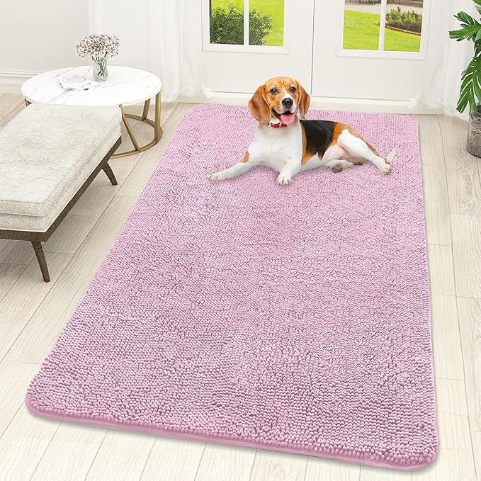 OLANLY Dog Door Mat for Muddy Paws 59x32, Absorbs Moisture and Dirt, Absorbent Non-Slip Washable Doormat, Quick Dry Chenille Mud Mat for Dogs, Entry Indoor Entryway Carpet for Inside Floor, Dusty Rose