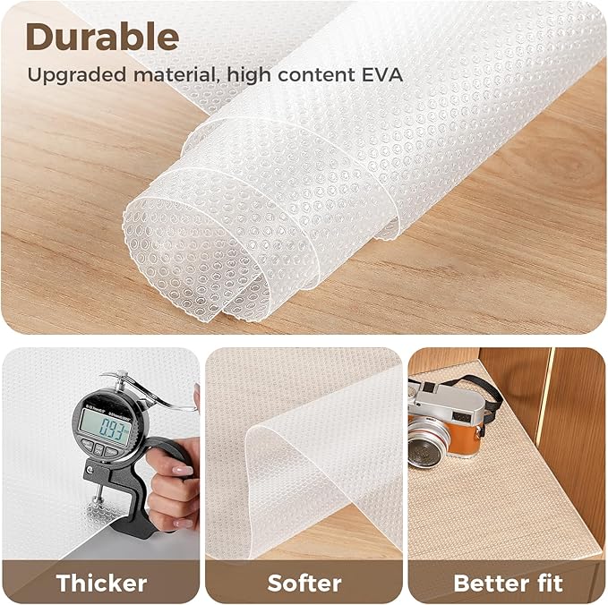 100% EVA Shelf Liner for Kitchen Cabinet, 24" x 240" Drawer Liners Non Adhesive Non Slip Waterproof Plastic Paper, Dresser Pantry Bathroom Refrigerator Protector, Clear