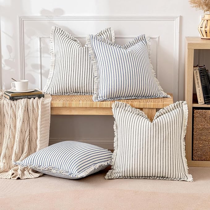 MIULEE Pack of 2 Royal Blue Pillow Covers 24x24 Inch Striped Farmhouse Couch Throw Pillow Covers with Fringe Chic Linen Decorative Cushion Eruo Sham for Sofa Living Room Bed Outdoor Home Decor