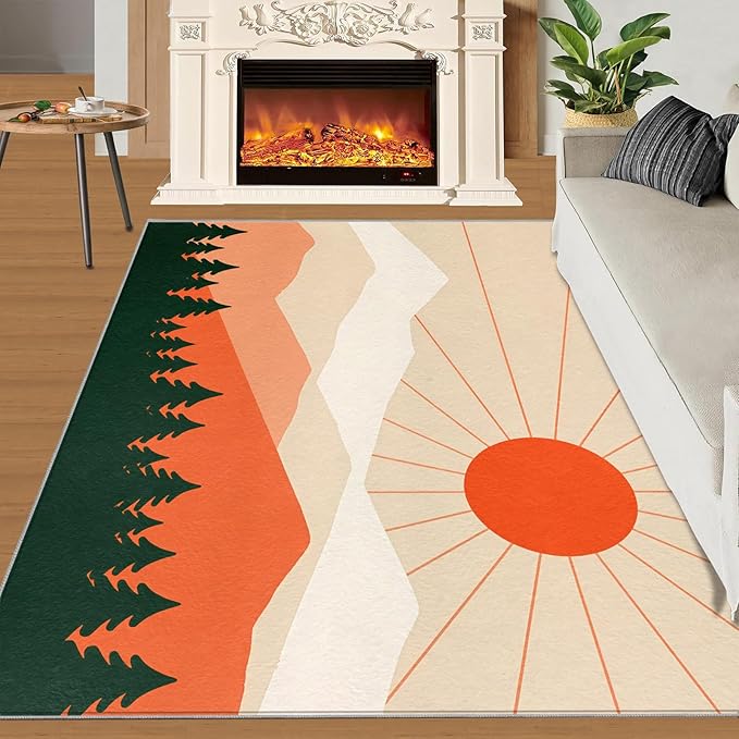 Boho Sun Area Rugs 6x9ft, Minimalist Mountain Fluffie Rugs for Living Room, Abstraction Deco Nursery Rug with Under Rug Non Slip Tape for Bedroom Kids Room