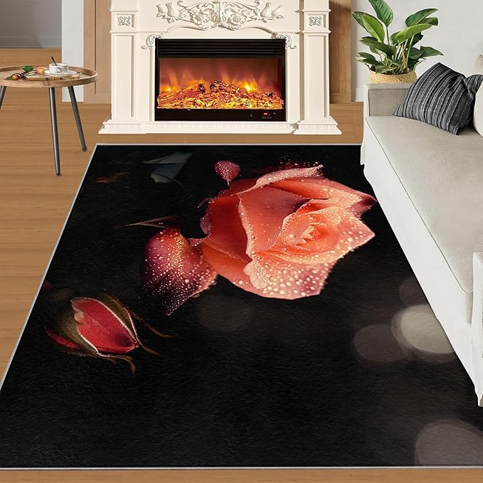 6x9 Florals Living Room Rug - Natural Flowers Bedroom Carpet, Realistic Rose Classroom Rug for Carpet Boy Bedroom Office Nursery Hardwood Home Decor