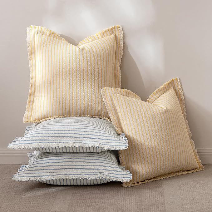 MIULEE Pack of 2 Yellow Pillow Covers 18x18 Inch Striped Farmhouse Couch Throw Pillow Covers with Fringe Chic Cotton Decorative Cushion Covers for Summer Sofa Living Room Bed Outdoor Home Decor