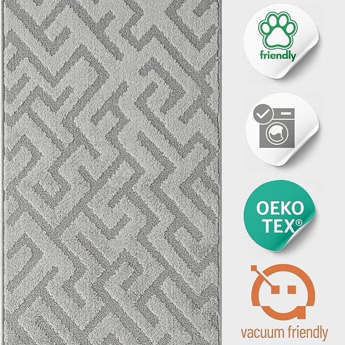 21ft Runner Rug by Custom Size - Deco Grey | Non-Slip Rubber Backed | Washable & Pet Friendly | Edge Bound