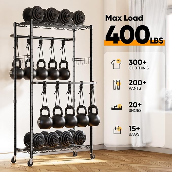 HOKEEPER Clothes Racks 400 LBS Heavy Duty Clothing Racks for Hanging Clothes Adjustable Coat Rack with Wheels & Hooks Freestanding Wire Garment Rack Portable Closet Wardrobe 74.8''H*38.2" W