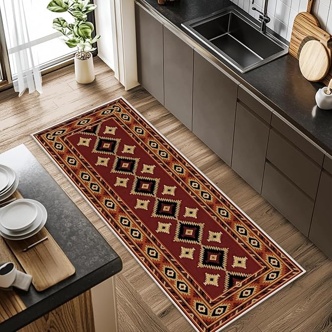 Burgundy Diamond Runner Rug, 2x6ft Hallway Runner Rugs - Corridor & Foyer Area Rugs, Non-Slip Mat Durable Rug, Washable Flannel Material, Southwestern Geometric Home Decor Carpet