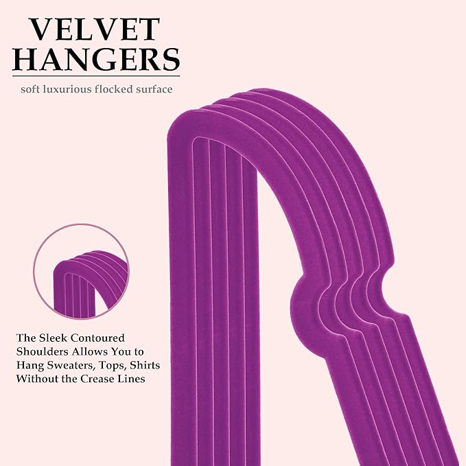 Dark Purple Velvet Hangers 50 Pack, Premium Heart Hanger Non-Slip Felt Hanger, 360° Swivel Rose Gold Hooks, Space Saving Slim Hangar, Durable & Cute Clothes Hanger for Adult