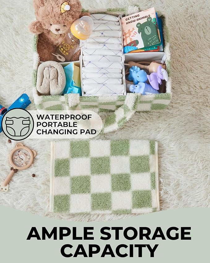 Checkered Diaper Caddy Organizer with Portable Changing Mat - Teddy Fleece Diaper Organizer for Changing Table - Caddy Organizer with Removable Dividers - Green and White