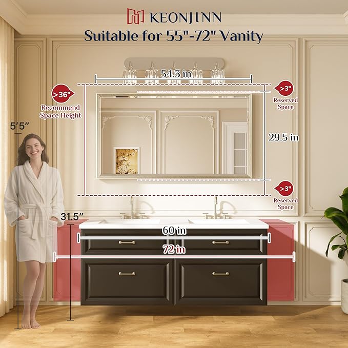 Keonjinn 55" x 30" Gold Bathroom Mirror, Brushed Gold Metal Framed Mirrors, Beveled Tempered Glass, Shatterproof, Aluminum Alloy, Decorative Rectangular Vanity Mirror, Wall Mirrors for Over Sink