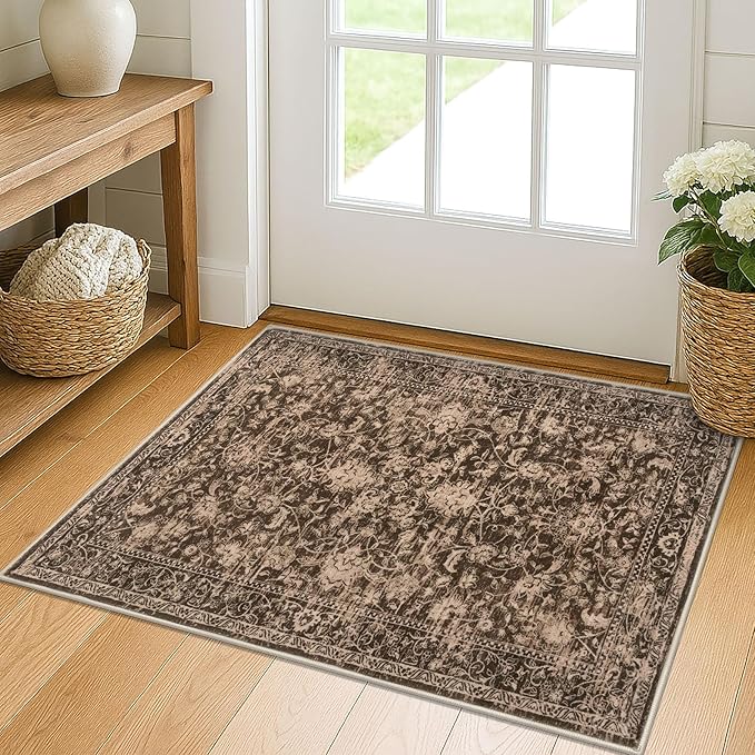 KILOCOCO Small Area Rug 2x3 Entryway Rugs Washable Rug Printed Vintage Floral Non-Slip Kitchen Rug Indoor Door Mat, Accent Throw Small Rugs for Laundry Room Bedroom Entrance, Rust Brown Red