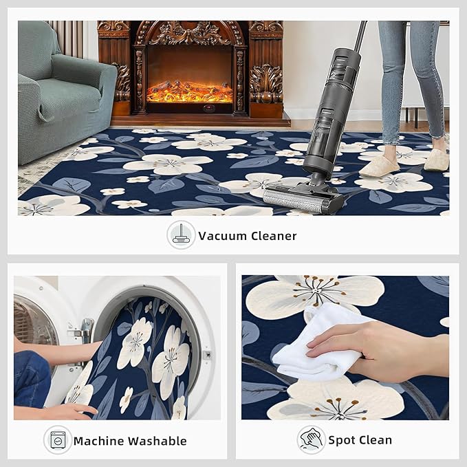 Boho Rugs for Bedroom - 3x5 Area Rug - Blue White Flowers Rugs for Living Room, Vintage Modern Flowers Rug, Washable Home Decor Carpet