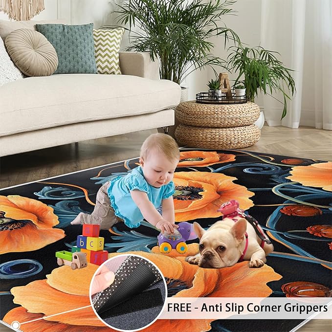 8x10 Poppy Rugs for Living Room - Retro Florals Art Large Area Rug, Rustic Flowers Art Modern Boy Nursery Rug Soft Washable for Classroom Office Bedroom Kids Room