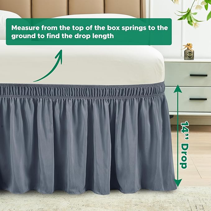 Biscaynebay Wrap Around Bed Skirts for Queen Beds 14" Drop, Dark Grey Adjustable Elastic Dust Ruffles Easy Fit Wrinkle & Fade Resistant Silky Luxurious Fabric Solid Machine Washable