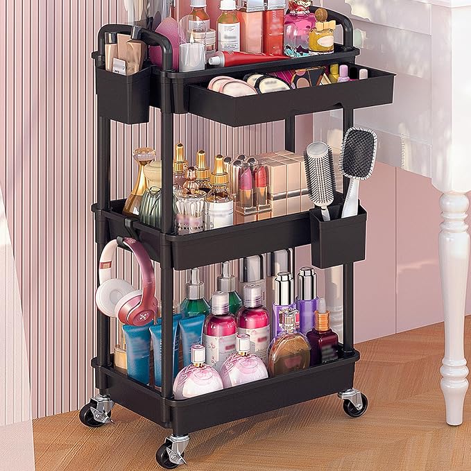 Goovilla Rolling Makeup Organizer Cart with Removable Drawer, 3 Tier Stable Black Floor Skincare Storage Cart for Vanity, Cosmetic Display, Nail Polish, Perfume, Hair Stuff, Beauty, Bathroom(Plastic)