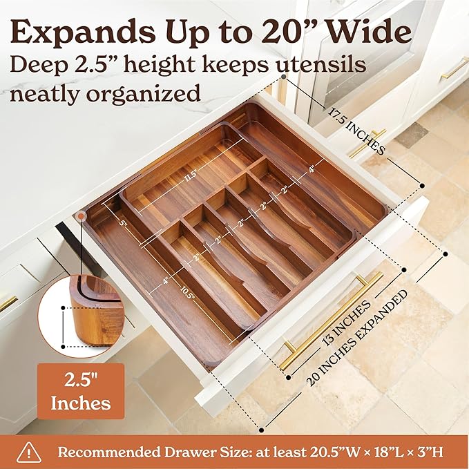 SMIRLY Silverware Drawer Organizer – Bamboo Kitchen Drawer Organizer, Adjustable Utensil Holder and Cutlery Tray, Drawer Dividers for Flatware and Kitchen Utensils