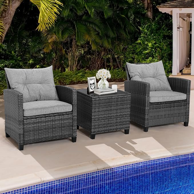 HAPPYGRILL 3 Pieces Patio Conversation Set, Outdoor Furniture Set PE Rattan