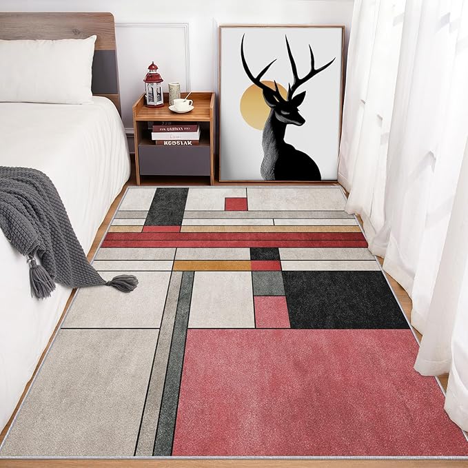 7x9 Abstract Geometric Rugs for Bedroom Decor, Washable Black White Red Geometry Pattern Area Rug, Living Room Home Decoration, Non Slip Soft Thin, Minimalist Modern Decor Carpet PF-P 49