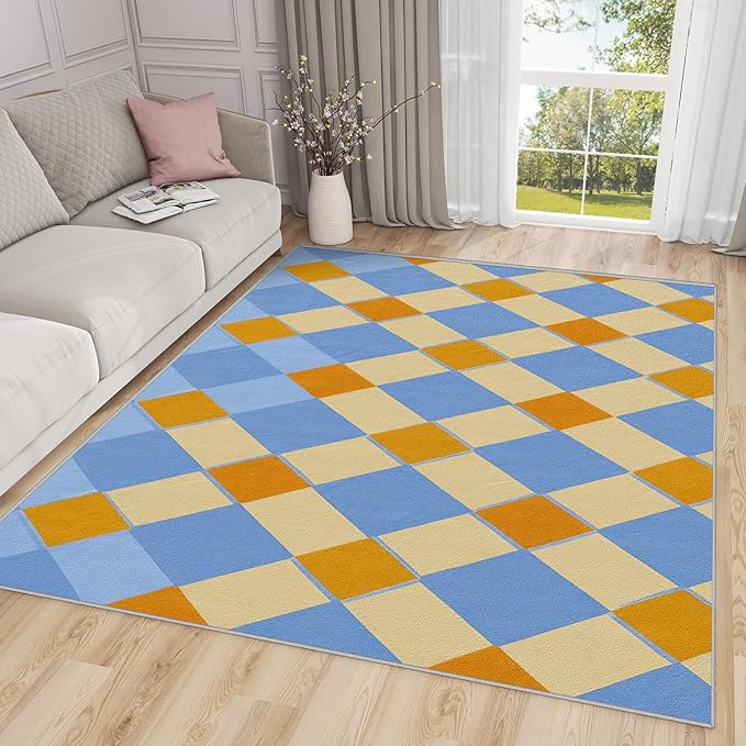 5x7 Rug Washable - Checkerboard Rugs for Living Room, Retro Geometric Non Slip Low Pile Area Rugs for Bedroom, Checkerboard Carpet Home Decor & Gifts