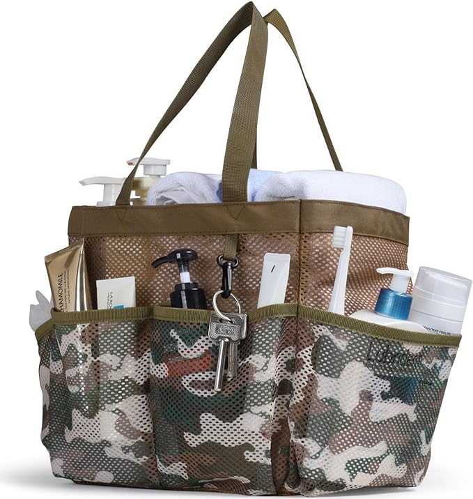 F-color Shower Caddy Portable - Mesh Shower Bag Basket Tote for College Dorm Room Essentials Bathroom Gym Camp Quick Dry for Women Men with S Hook, Brown Camouflage