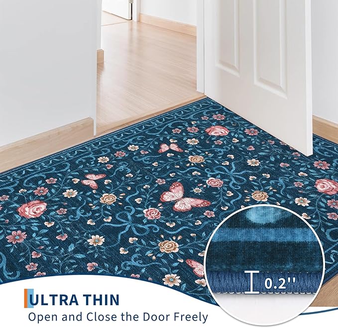 GarveeHome Area Rugs 9x12 Living Room Floral Rugs Non Slip Washable Large Bedroom Throw Carpet Stain Resistant Low Pile Blue Bow Rugs Soft Boho Bow and Flower Carpets for Nursery Home Decor, 9x12
