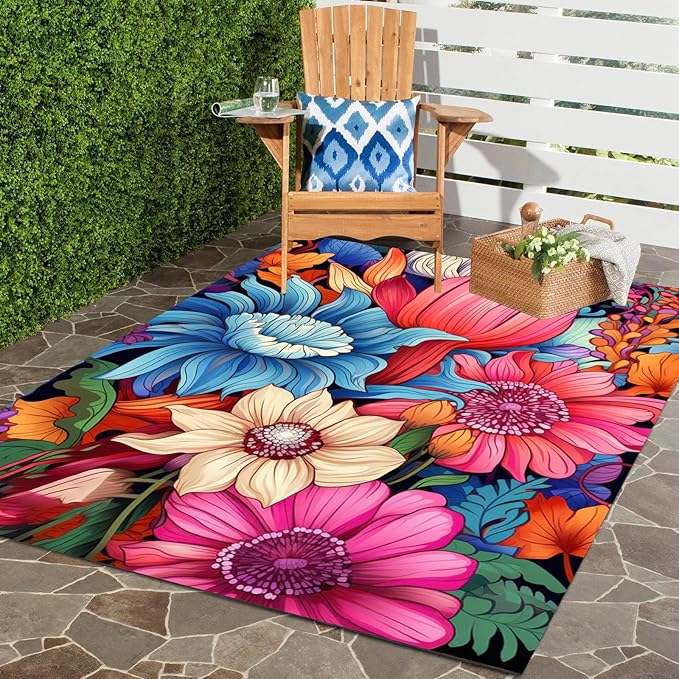 Floral Outdoor Rug Vibrant Waterproof Non Slip Patio Rugs for Balcony Garden Camping Poolside 7x12 Machine Washable Porch Deck Flower Print Outside Carpet Vintage Bathmat Blue Pink