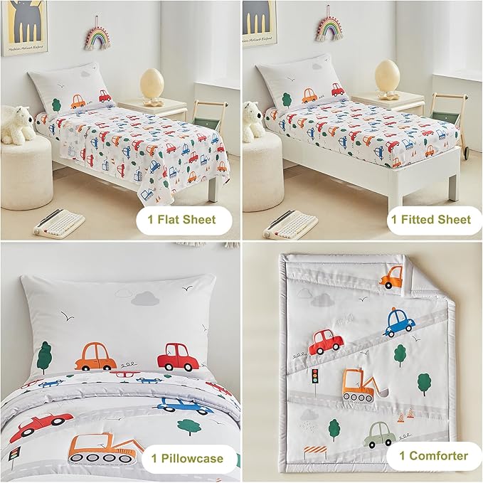 DuShow 4 Pieces Cars Toddler Bedding Set for Boys,Soft Toddler Bed Set in a Bag,Toddler Bed Comforter Set Includes Quilted Comforter, Flat Sheet, Fitted Sheet and Pillowcase