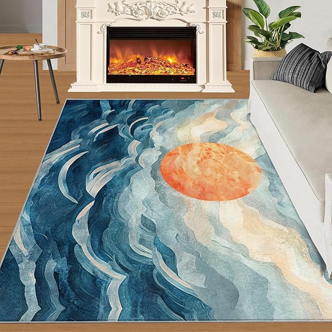 Boho Sun Area Rugs 5x7ft, Mosaic Sunburst Rugs for Living Room, Abstraction Deco Floor Rug Sturdy and Non-Shedding for Bedroom Hardwood Floors Teen Room
