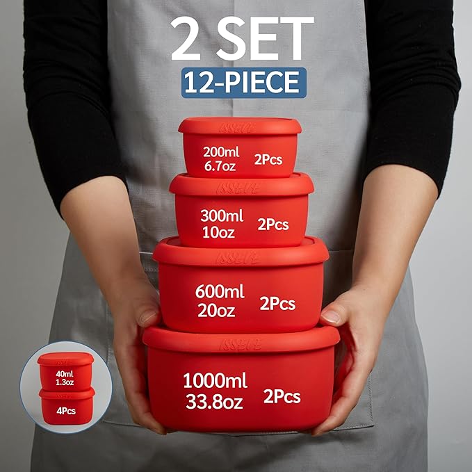 ISSEVE 12Pcs/Set Nesting Silicone Food Storage Containers with Lids, BPA Free Reusable Meal Prep Silicone Containers Airtight, Freezer Dishwasher Safe (33.8oz, 20oz, 10oz, 6.7oz, 1.3oz) (Red)