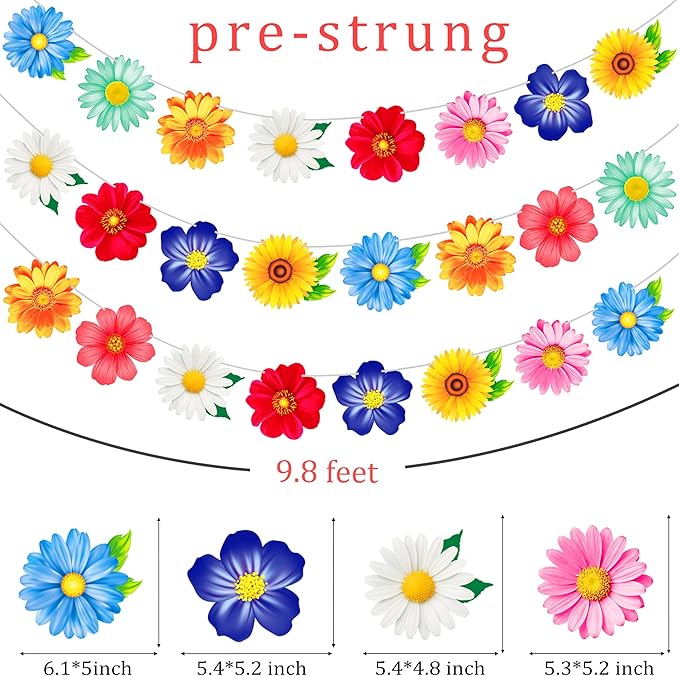 2pcs Colorful Daisy Flower Garland Banner, Spring Summer Floral Bunting Hanging Decor for Birthday Baby Shower Wedding Garden Tea Pool Party Supplies