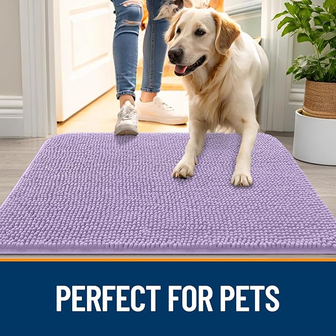 OLANLY Dog Door Mat for Muddy Paws 36x24, Absorbs Moisture and Dirt, Absorbent Non-Slip Washable Doormat, Quick Dry Chenille Mud Mat for Dogs, Entry Indoor Entryway Carpet for Inside Floor, Lavender