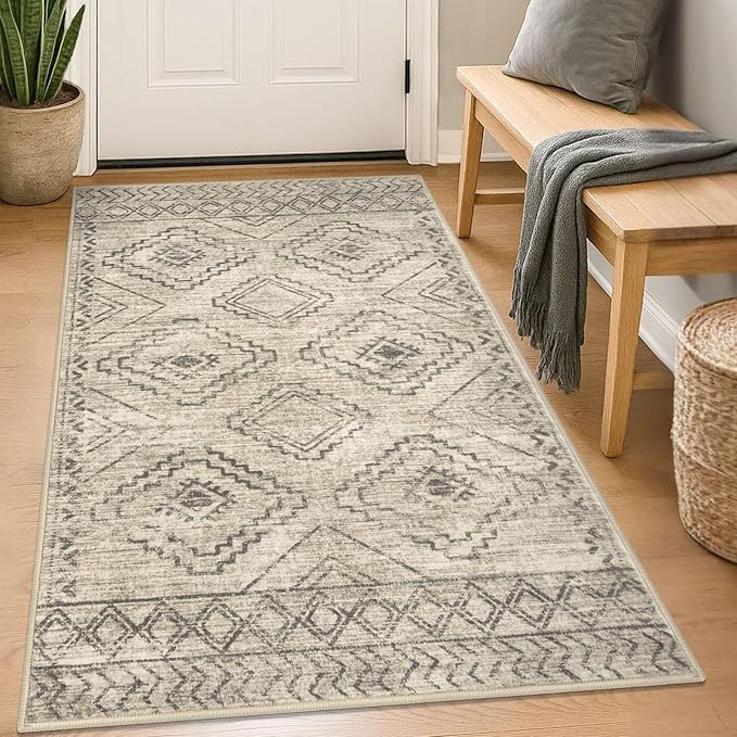KILOCOCO Boho Entryway Rug 3x5 Area Rug Washable Non Slip Throw Rugs Soft for Kitchen Living Room Dining Bedroom Geometric Moroccan Carpet, Beige/Gray/Green