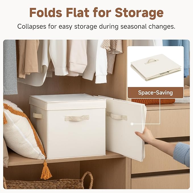 StorageWorks Storage Bins with Lid, Decorative Fabric Storage Bins with Handles, Stackable Closet Organizers for Shelves and Bedroom, Large, Beige(Cotton Linen), 2-Pack
