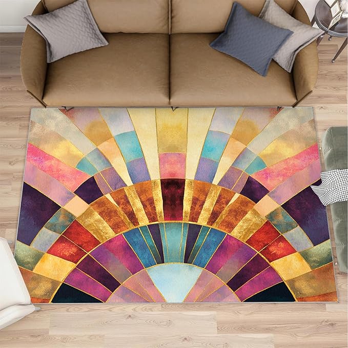 Chromatic Geometric Area Rugs 5x6ft, Abstraction Deco Rugs for Kids Bedroom, Mosaic Sunburst Office Rug Low Pile are Not Stumbling Foot for Living Room End Table Nursery