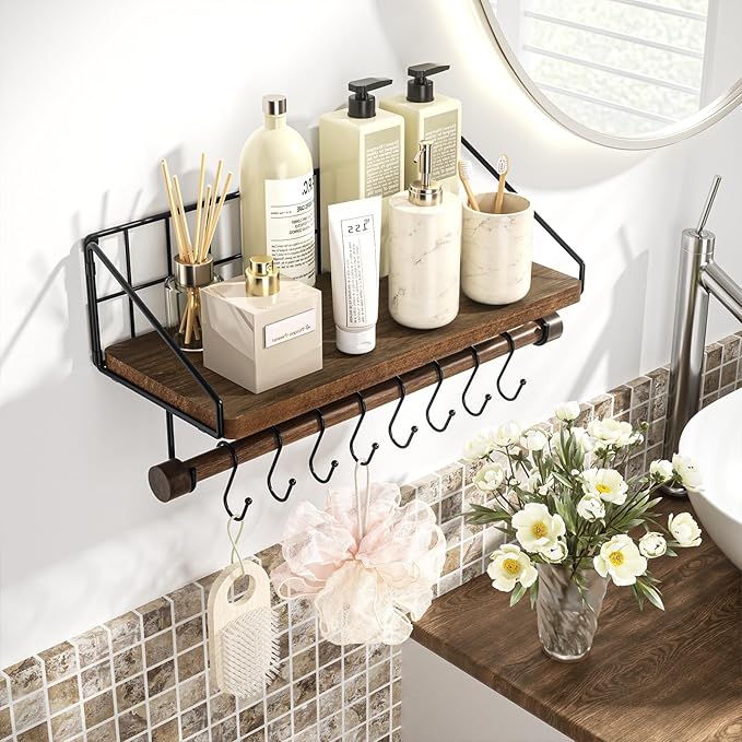 Alsonerbay Floating Shelf Wall-Mounted, Coffee Bar Shelf with Hooks and Towel Bar, Kitchen Shelves for Organizing Cooking Utensils and Mugs