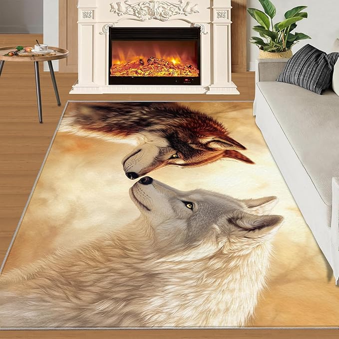 Wolf Rugs for Bedroom - 6x8 Area Rug - 3D Wolf Rugs for Living Room, Misty Forest Rug, Non-Slip Washable Home Decor Carpet