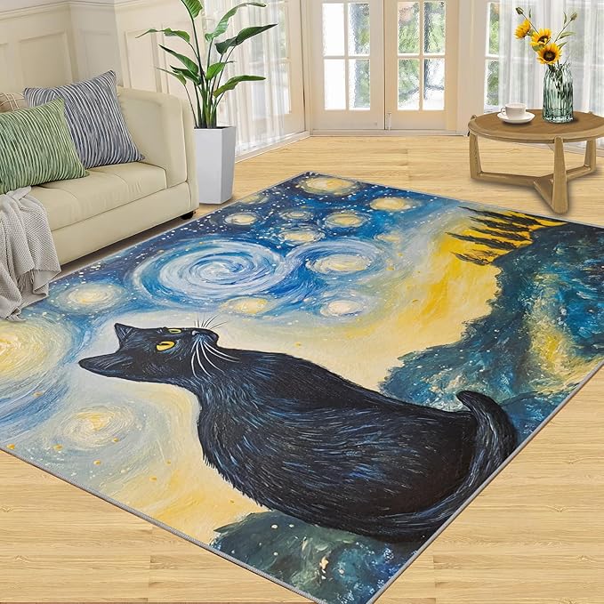 Black Cat Rugs for Bedroom - 2x3 Area Rug - Starry Sky Countryside Rugs for Living Room, Vintage Oil Painting Art Rug, Washable Home Decor Carpet