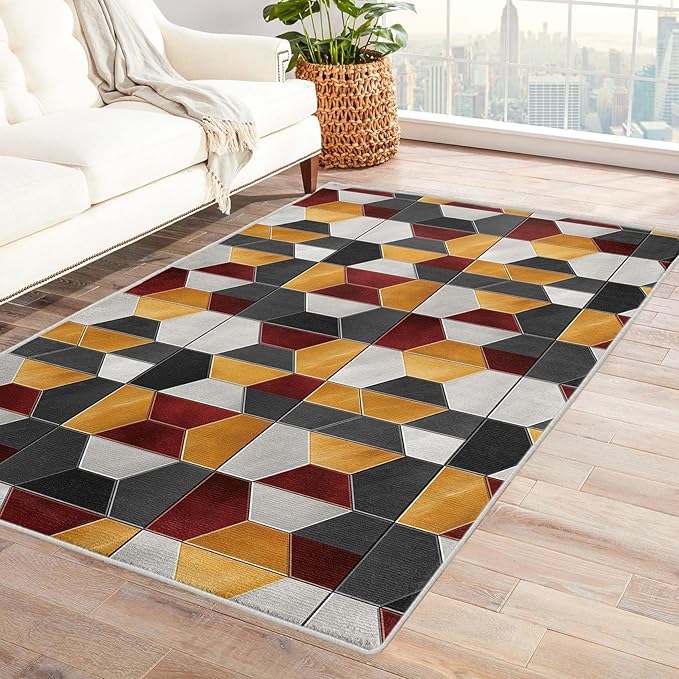 Modern Hexagon Rug, 8x10 Geometric Pattern for Living Room Bedroom, Large Area Washable Non Slip Soft Indoor Carpet, Home & Room Decor