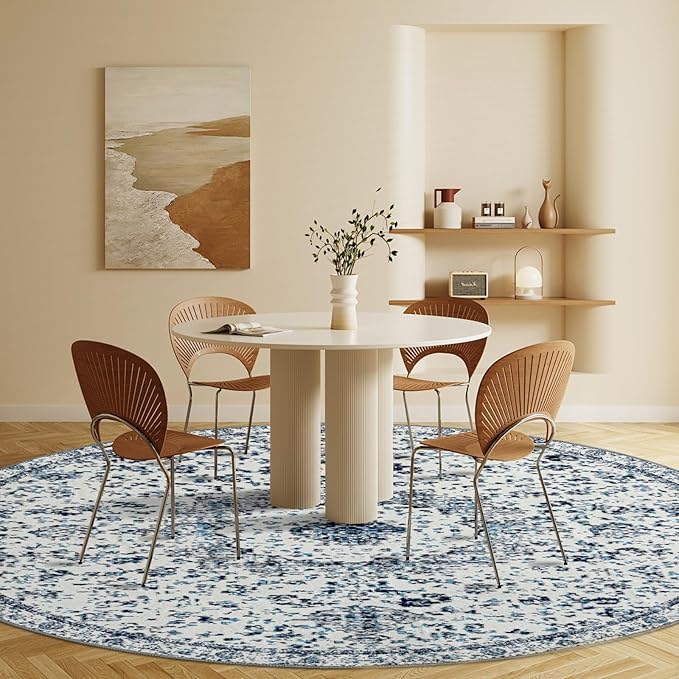 Easy-Going Round Rug 6ft Area Rug Washable Boho Circle Rugs for Living Room Non-Slip Bedroom Rug Low Pile Lightweight Floral Print Vintage Throw Rug for Dining Room Kitchen Home Office, Blue Cream