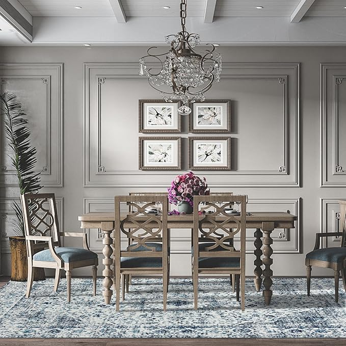 Easy-Going Area Rug 6x9 Washable Boho Rugs for Living Room Non-Slip Bedroom Rug Low Pile Lightweight Floral Print Vintage Throw Rug for Dining Room Kitchen Home Office Carpet, Blue Cream