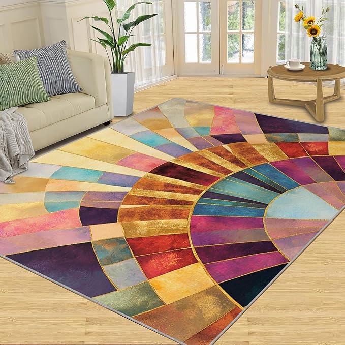 Chromatic Geometric Area Rugs 5x6ft, Abstraction Deco Rugs for Kids Bedroom, Mosaic Sunburst Office Rug Low Pile are Not Stumbling Foot for Living Room End Table Nursery